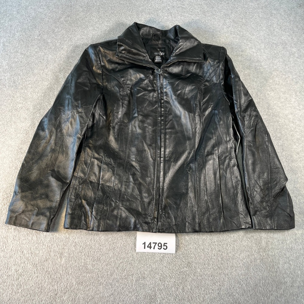 NWT East 5th Leather Jacket Womens Petite Medium Black Zip Front Collared (Read)